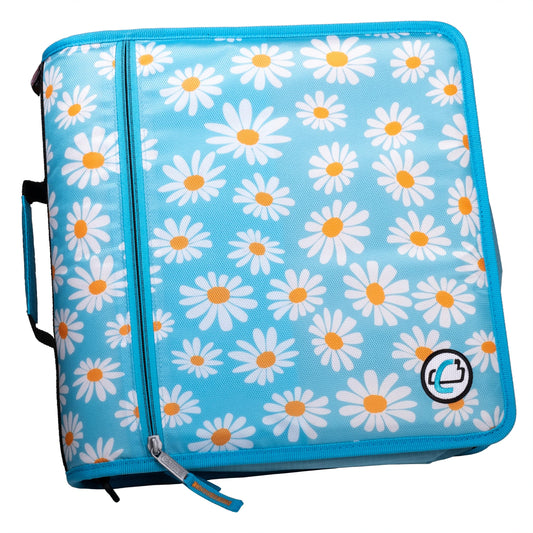 Case-it The Mighty Zip Tab Zipper Binder - 3 Inch O-Rings - 5 Color Tab Expanding File Folder - Multiple Pockets - 600 Sheet Capacity - Comes with Shoulder Strap - Light Blue Daisy D-146-P