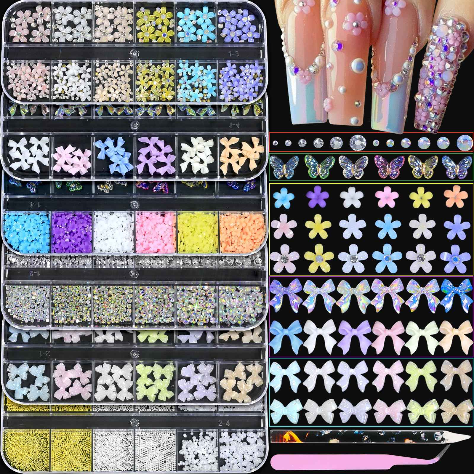 HNUIX Nail Charms - Nail Rhinestones Kit with 6 Boxes of Nail Gems, 3D Charms for Nails, Colorful Clear Flatback Gems, Pearls,Butterfly, Bow, Flowers, Caviar Beads, Multi Shape Crystals for Craft