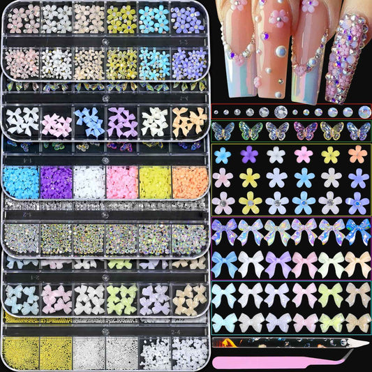 HNUIX Nail Charms - Nail Rhinestones Kit with 6 Boxes of Nail Gems, 3D Charms for Nails, Colorful Clear Flatback Gems, Pearls,Butterfly, Bow, Flowers, Caviar Beads, Multi Shape Crystals for Craft