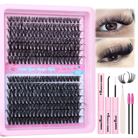 ALICE DIY Lash Extension Kit Natural Lash Clusters Kit 40D+50D Wispy Fluffy Eyelash Extension Kit 10-18mm Individual Lashes 280pcs with Lash Glue Bond and Remover Lash Applicator for Beginners