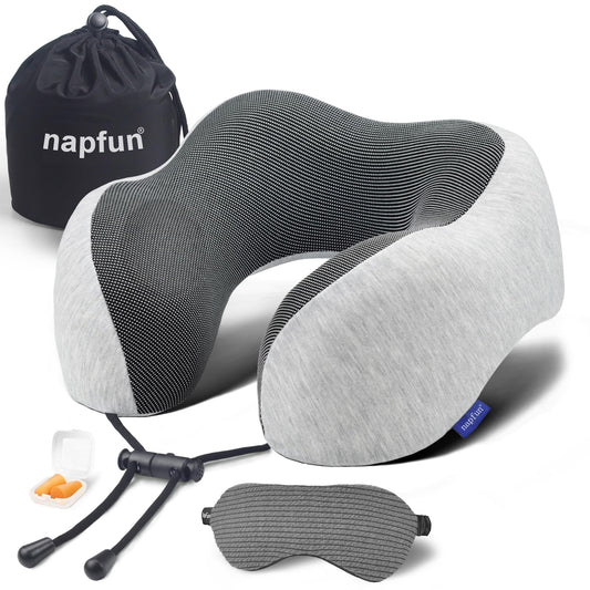 napfun Neck Pillow for Traveling, Travel Neck Pillow for Airplane 100% Pure Memory Foam Travel Pillow for Flight Headrest Sleep, Portable Plane Accessories, Light Grey Set