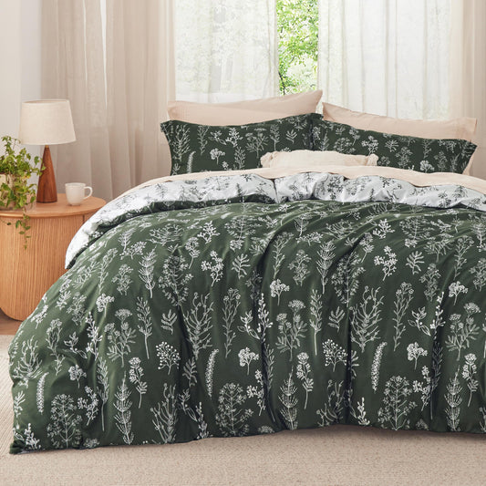 Bedsure Twin/Twin XL Comforter Set Dorm Bedding - Dark Olive Green Comforter, Floral Twin/Twin Extra Long Bedding Comforter Set, 2 Pieces, 1 Reversible Botanical Flowers Comforter and 1 Pillow Sham