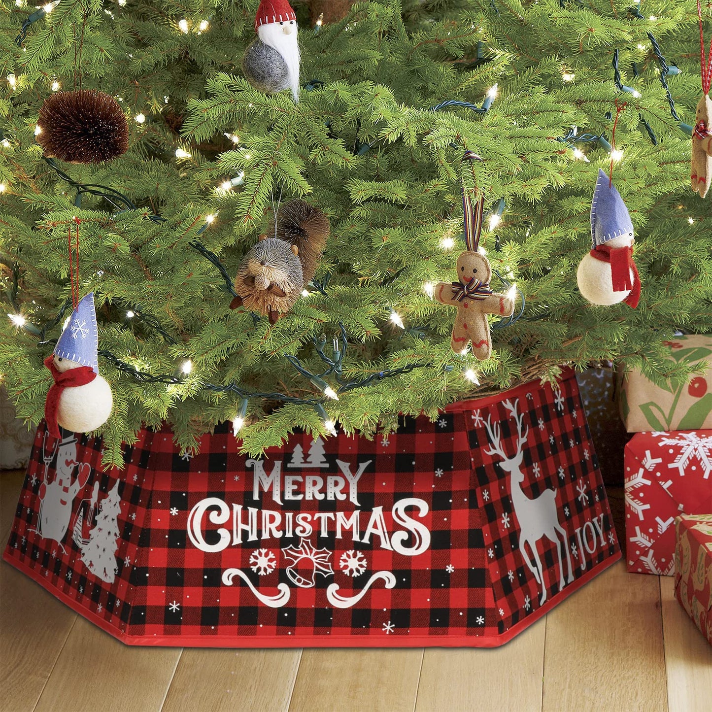 OurWarm Buffalo Plaid Christmas Tree Collars for Artificial Trees, 31 Inches Hexagon Christmas Tree Ring with 6 Patterns, Black and Red Christmas Tree Skirt for Xmas Tree Decorations Holiday Party