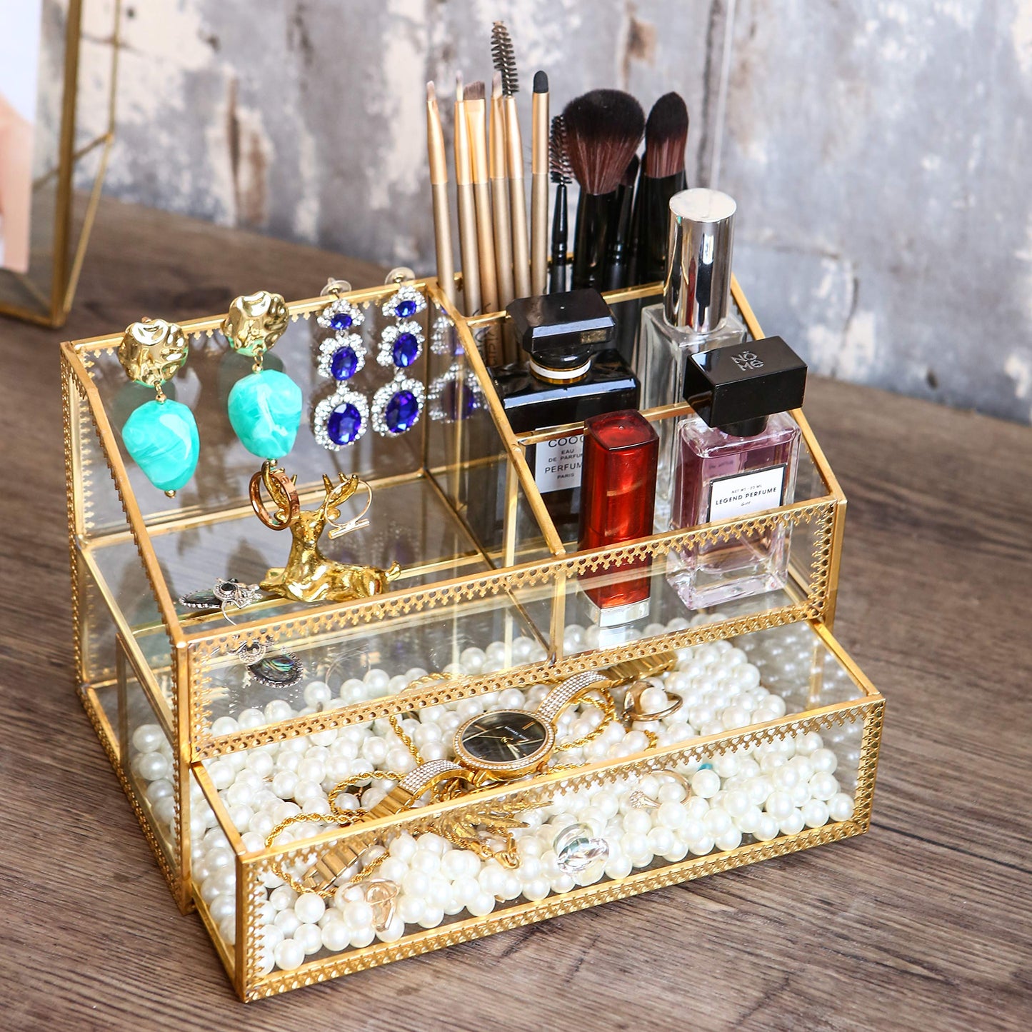 Golden Glass Box Vanity Tray Glass Case Makeup Display Organizer on Dresser, Multifunctional Cosmetic Storage for Palette Lipstick Makeup Brushes Skincare Perfumes Bathroom Accessories