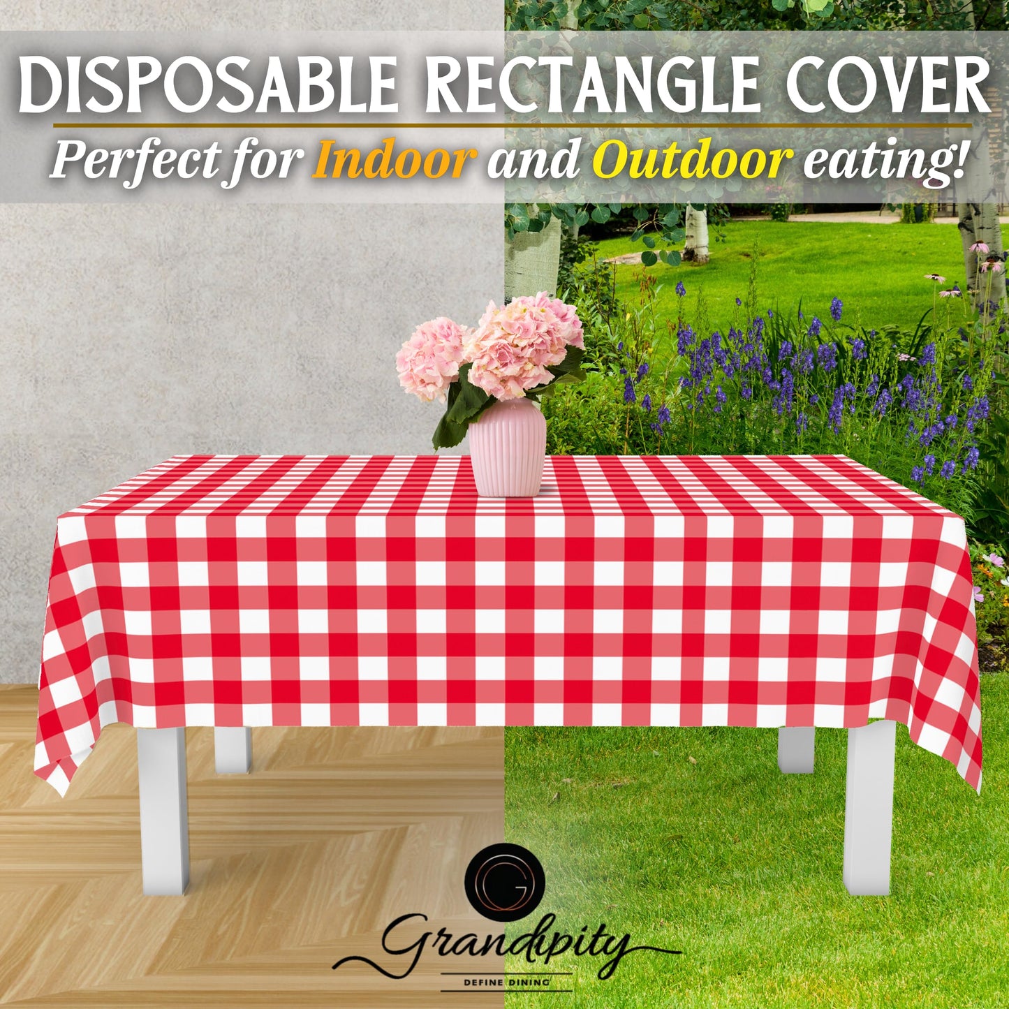 Grandipity Red Gingham Checkered 12 Pack Premium Disposable Plastic Picnic Tablecloth 54 Inch. x 108 Inch. Decorative Rectangle Table Cover