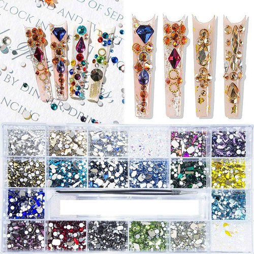8200 Pcs AB Red Blue Green Champagne Gold Black Yellow Nail Rhinestones Mixed Colored Multi Shaped Sized Nail Beads Glass Gems Stones Rhinestone for Nails Art DIY Crafts Jewelry