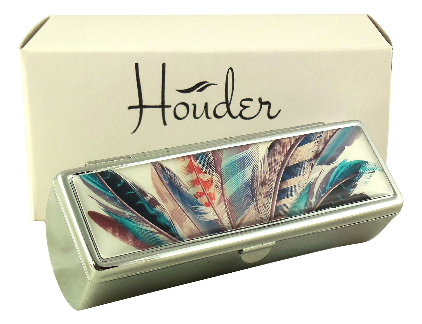 Houder Designer Lipstick Case with Mirror for Purse - Decorative Lipstick Holder with Gift Box - Velvet Lined - Protect Your Lipsticks in Style (Feathers)