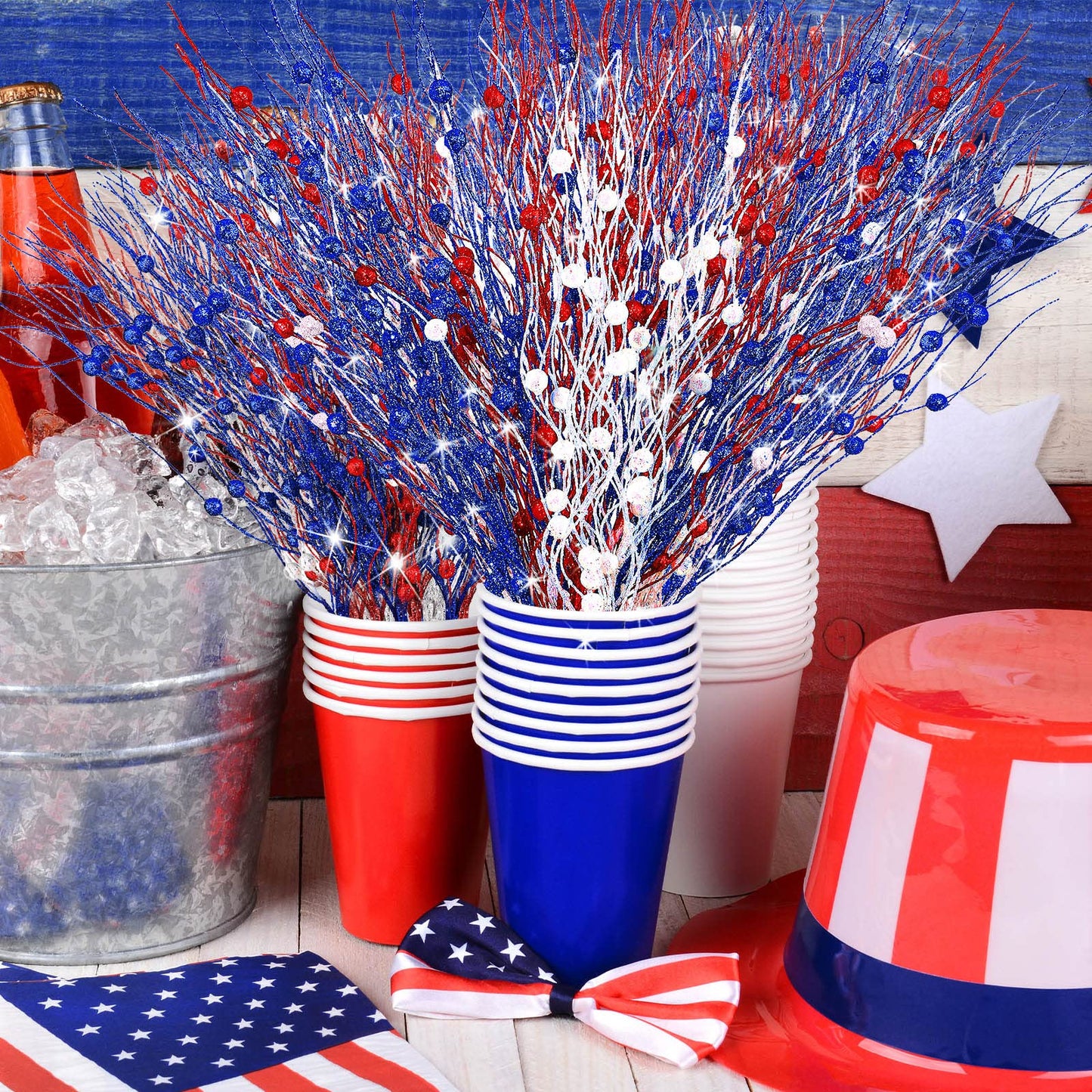 Giegxin 32 Pcs Patriotic Artificial Berry Stems Labour Day 17 Inch Berry Picks Memorial Day 4th of July Glitter Berry Stems Patriotic Picks for Independence Day Decor(Red, Blue, White)