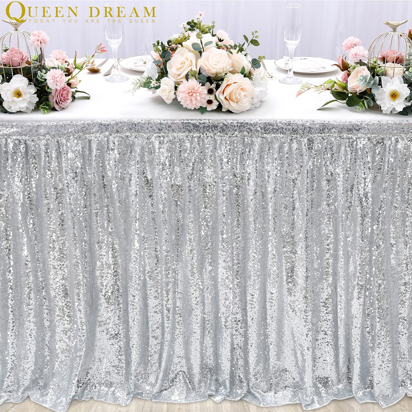 Glitter 14ft Silver Table Skirt for Rectangle Table Sequin Christmas Table Skirt for Party Baby Shower Birthday Dessert Table Exhibition Reception