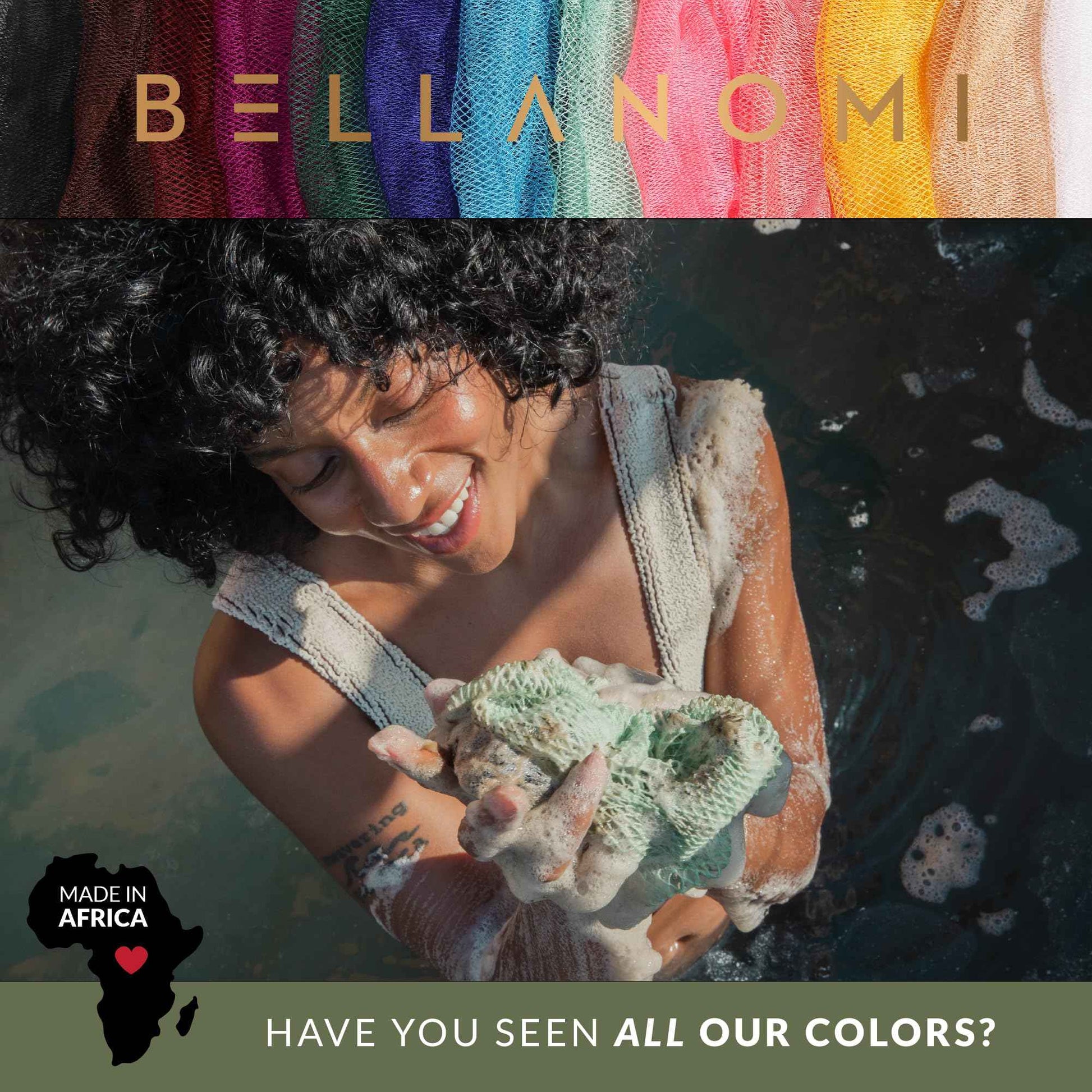 BELLANOMI 4 Piece African Exfoliating Net Sponge Long African Bath Sponge, Authentic Ethically Sourced from Nigeria, Great for Daily Use (Copper Brown, Orange, Green, Yellow)