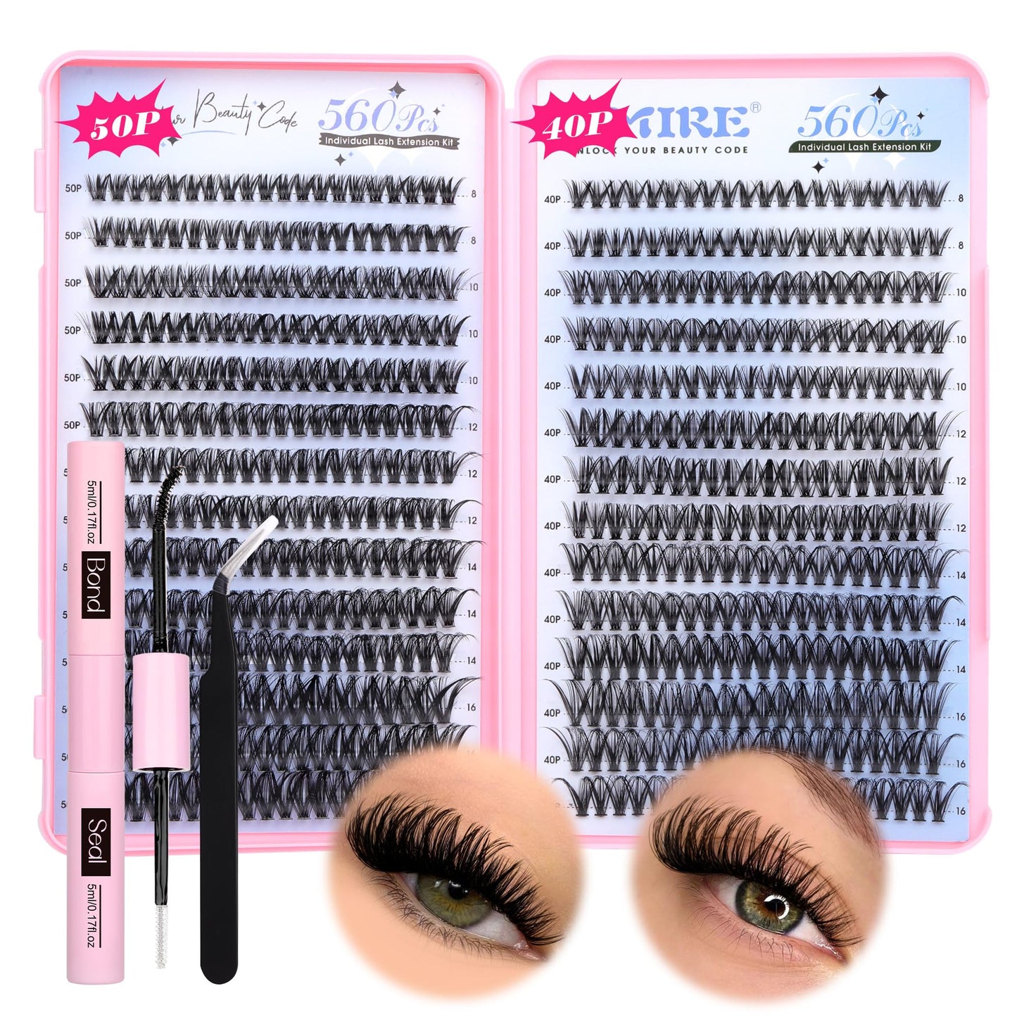 Lash Extension Kit DIY Lash Clusters Kit 560Pcs Eyelash Extension Kit with Lash Bond and Seal Tweezers 10-16mm Natural 40D+50D Volume D Curl Individual Lashes Cluster Eyelash Extensions by JIMIRE