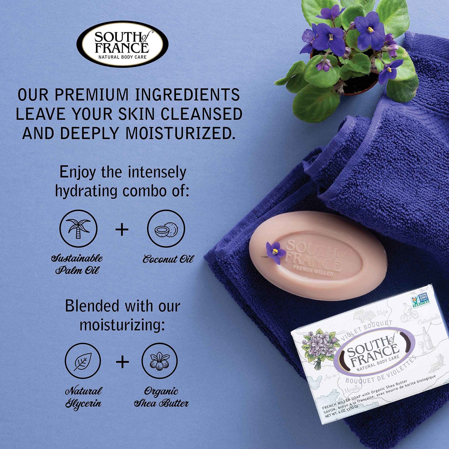 Violet Bouquet Clean Bar Soap by South of France Clean Body Care Triple-Milled French Soap with Organic Shea Butter + Essential Oils Vegan, Non-GMO Body Soap 6 oz Bar 4 Pack