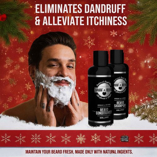 Beard Straightener Grooming Kit for Men, Beard Growth Kit, Wash, Brush & Comb, Unscented Growth Oil, All Natural Sandalwood Balm, Conditioner, Razor & Scissors, Great Gift Idea for Men's (Black)