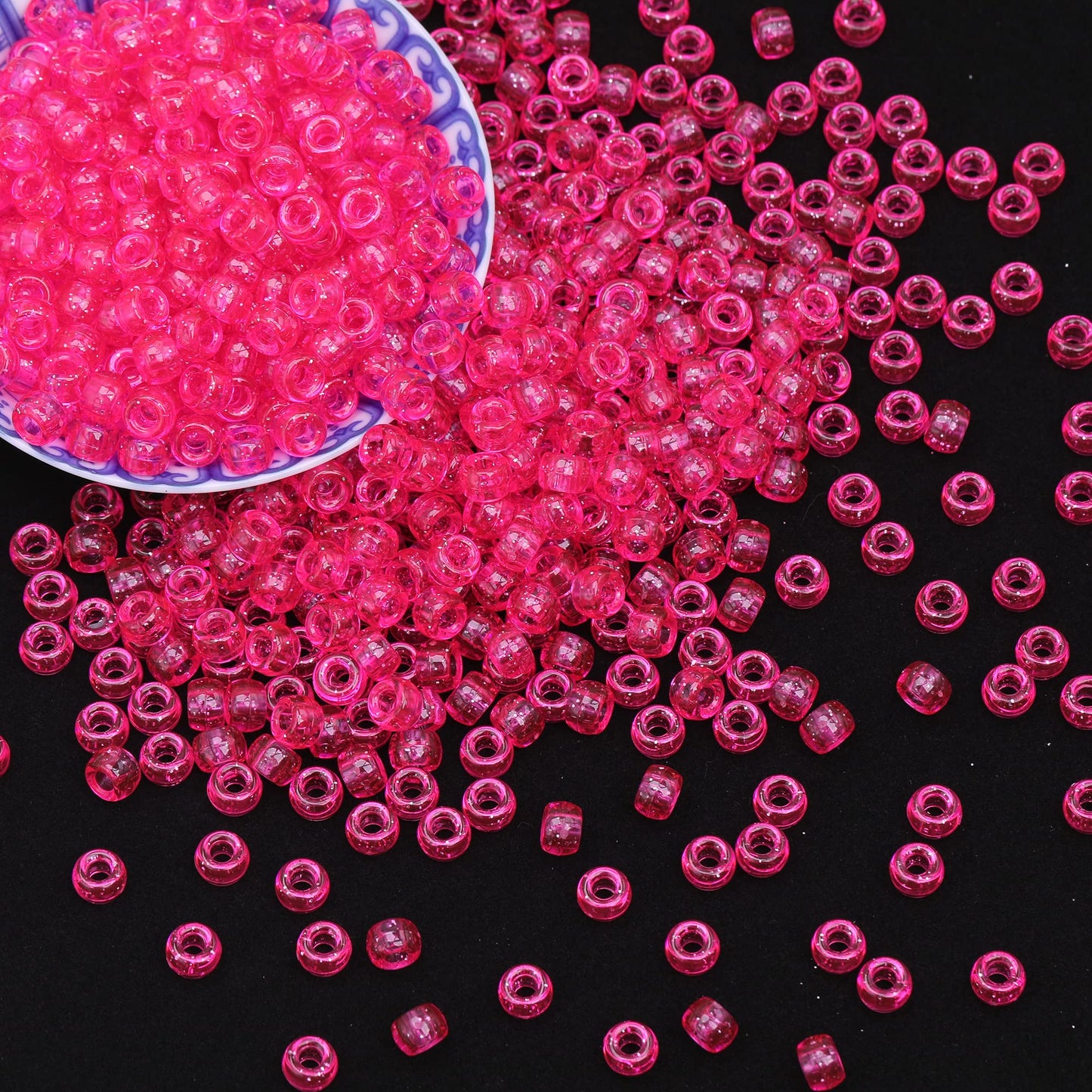 Auvoau 1000Pcs Pony Beads Bracelet 9mm Hot Pink Glitter Plastic Barrel Pony Beads for Necklace,Hair Beads for Braids for Girls,Key Chain,Jewelry Making (Hot Pink Glitter)