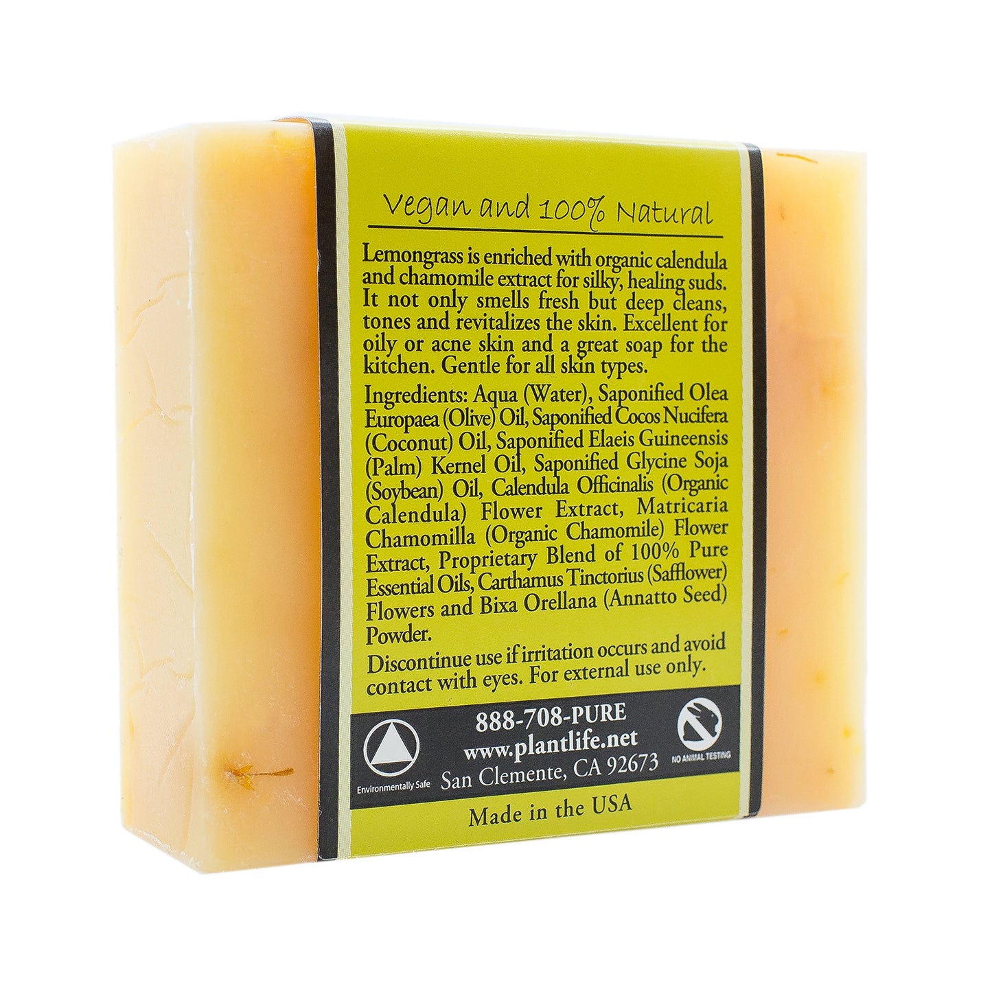 Plantlife Lemongrass Bar Soap - Moisturizing and Soothing Soap for Your Skin - Hand Crafted Using Plant-Based Ingredients - Made in California 4oz Bar