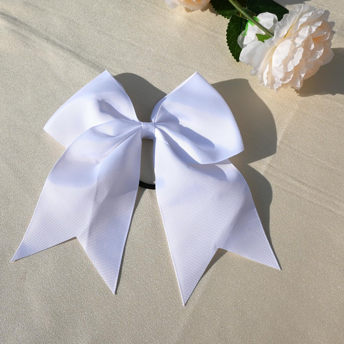 6 Packs Cheer Bows 8 Inch Jumbo Cheerleading Hair Bow Large Cheer Hair Bows with Ponytail Holder for Teen Girls Softball Cheerleader Hair Bows (White)