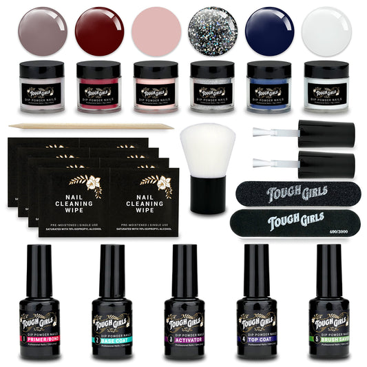 TOUGH GIRLS | 6-Pack Dip Powder Kit | Includes Dip Powders, Primer/Bond, Base Coat, Top Coat, Activator, Brush Saver, Extra Bottle Brushes, Nail Brush, Cuticle Stick, Nail File, & Nail Wipes (6-Pack Kit | Color Combo 4)