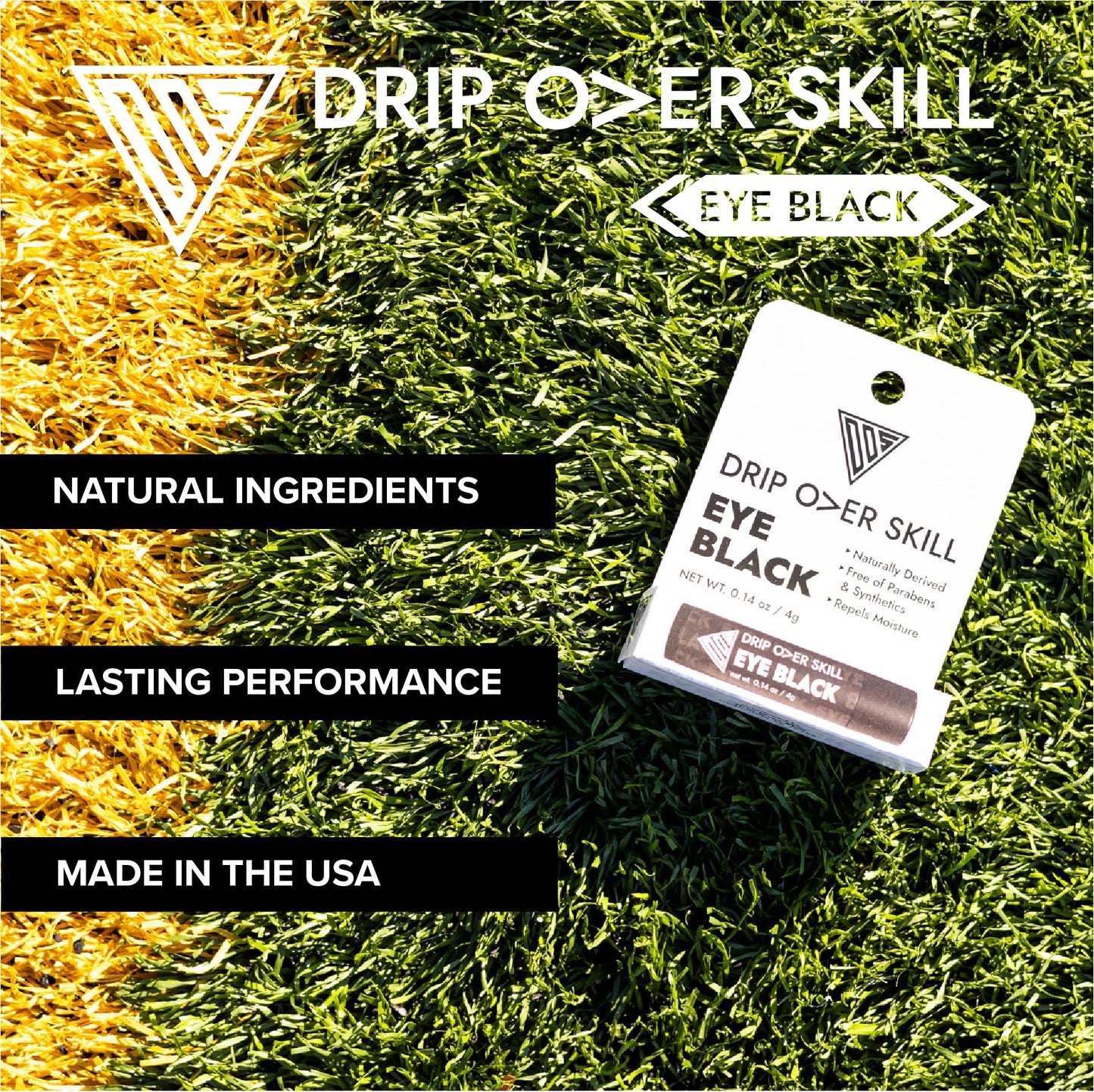 Drip Over Skill Eye Black Stick, Made in the USA with Natural Ingredients, Skin Safe Eyeblack, Gear for Lacrosse, Football, Softball, Sports Eye Black Baseball Drip, 2 Pack w/ 1 Keychain Sleeve