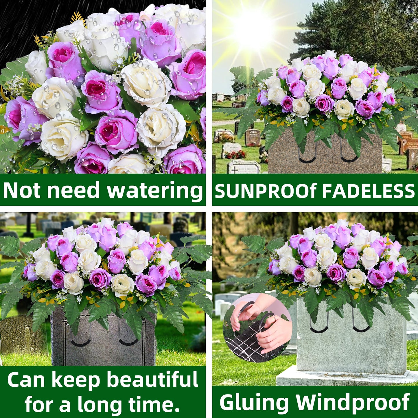 Lodou Artificial Cemetery Flower Saddles, Rose Headstone Flower Saddle Outdoor Grave Decorations,Cemetery Memorial Flowers with Vase for Grave Tombstone Decorations (Purple with white, Saddle)