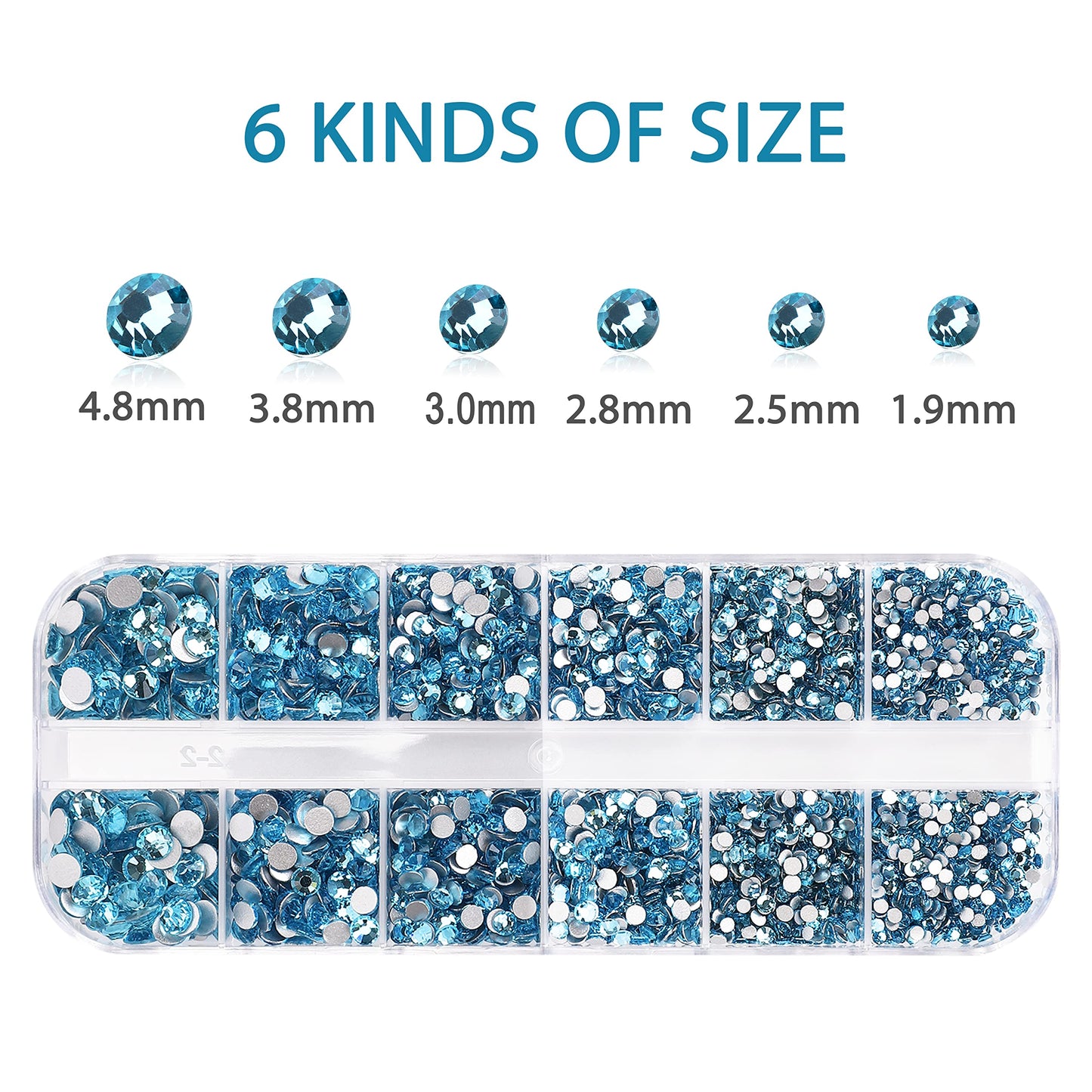 2400 Pcs Flatback Gems Rhinestones Round Crystal Nail Gems 6 Sizes (1.5-4.8 mm) Nail Jewels Glass Diamonds Stones Kit with Tweezers and Picking Pen, for Nail Art DIY Craft Eye Makeup (Aquamarine)