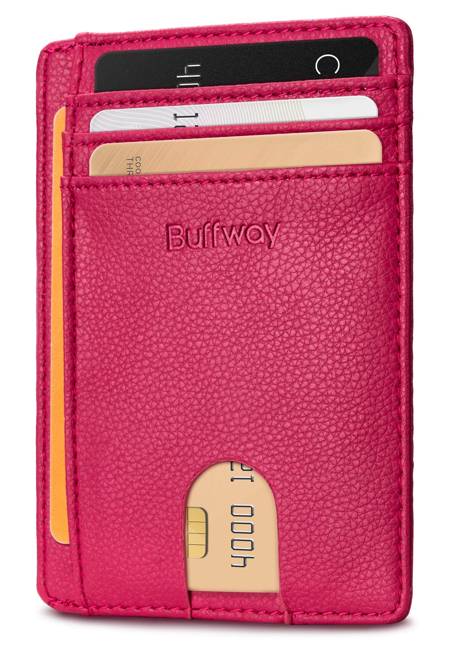 Buffway Slim Minimalist Front Pocket RFID Blocking Leather Wallets for Men and Women - Lichee Red