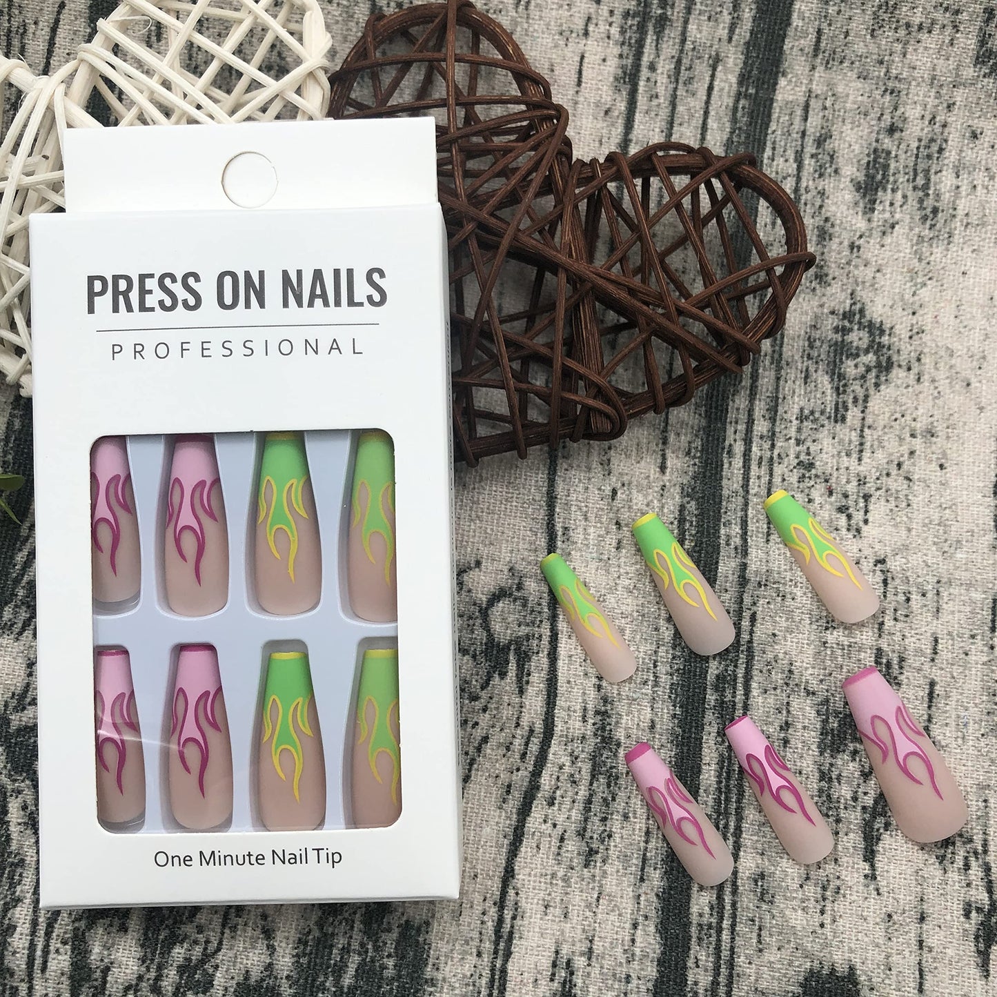 Press on Nails Long Coffin French Tip False Nails with Colorful Flames Design Matte Stick on Nails Full Cover Fake Nails for Women Girls Artificial Acrylic Nails 24 Pcs