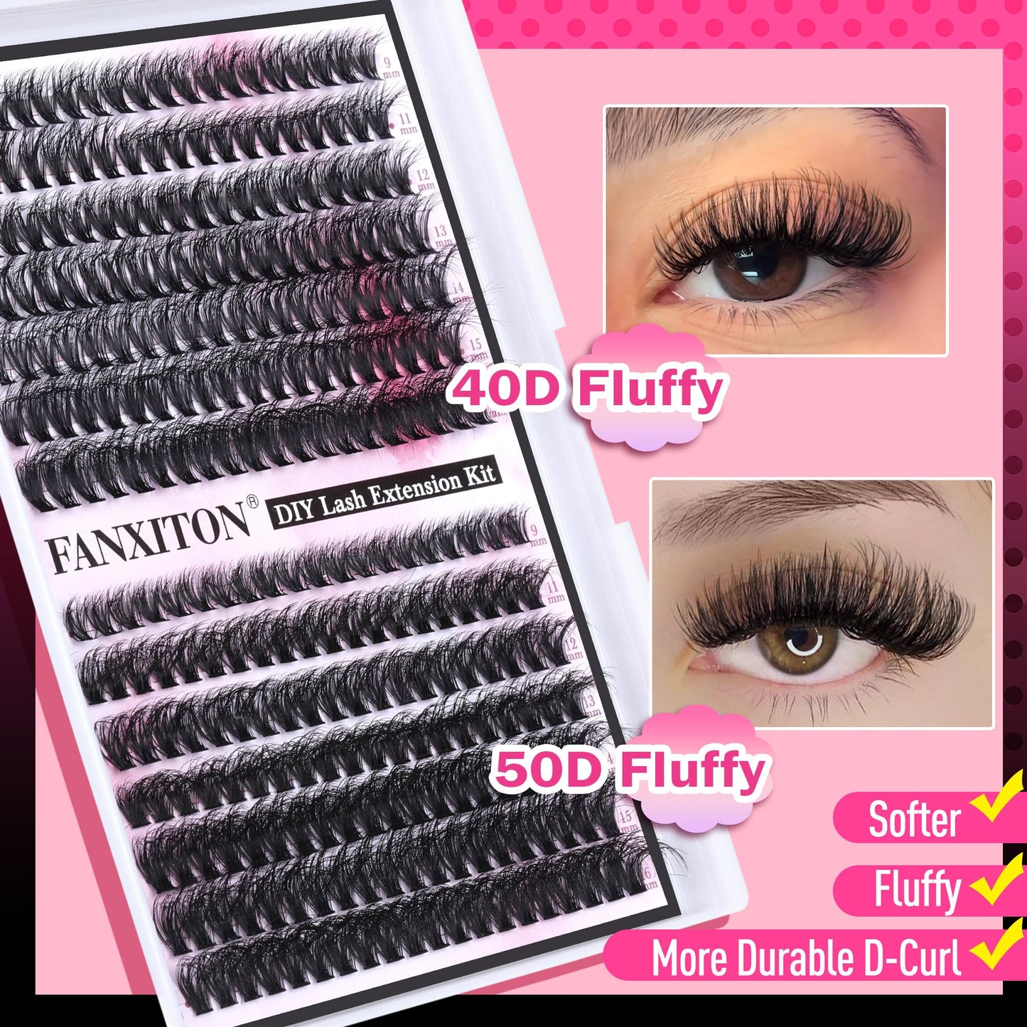 DIY Lash Extension Kit Fluffy 40D+50D Volume Lash Clusters Kit with Lash Bond and Seal 280pcs Thick Individual Lashes 9-16mm D Curl Mink Lashes Cluster, Lash Cluster Remover and Tweezers by FANXITON