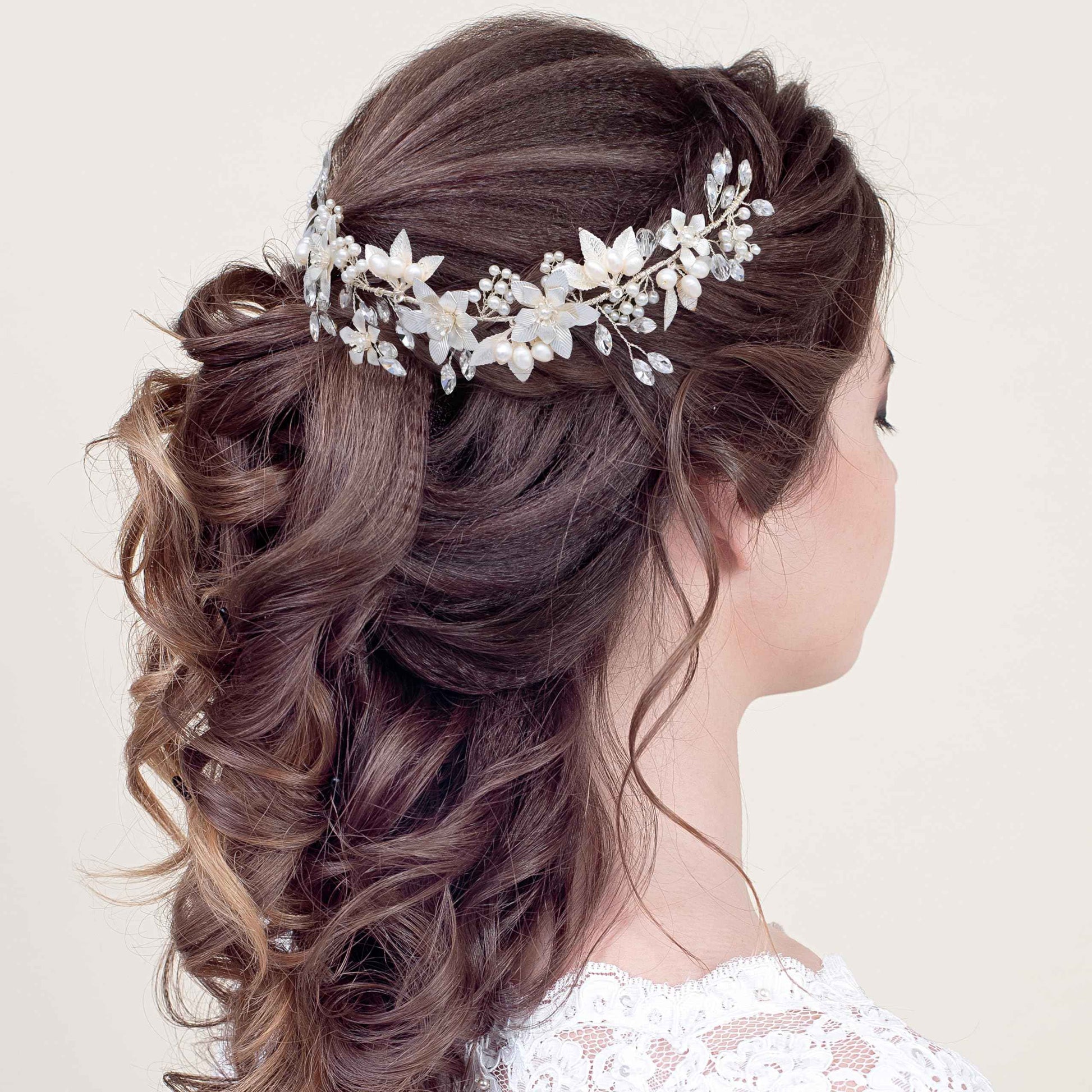 Oriamour Wedding Headband Bridal Headpiece Flower Design With Genuine Freshwater Pearls And Ribbons Hair Accessories For Bride (Silver)