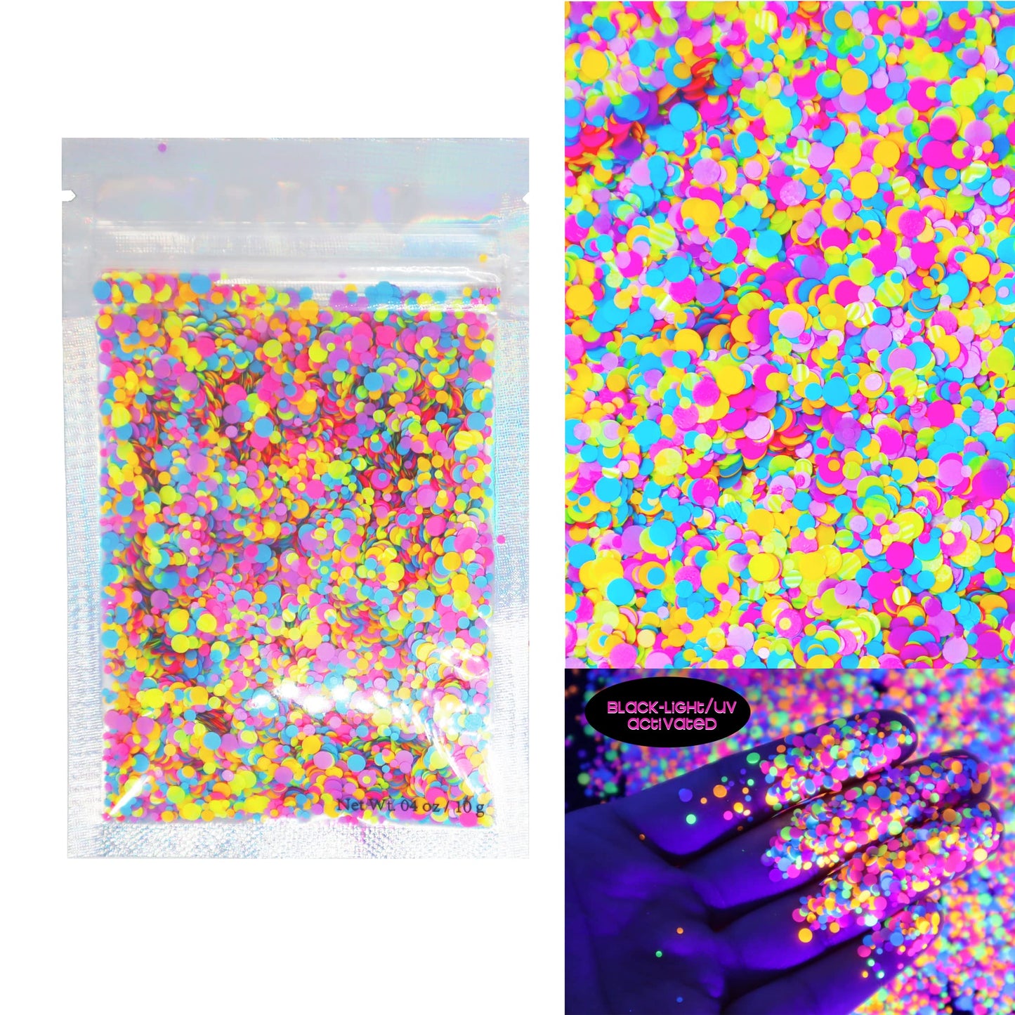 Rainbow Circles Face & Body Glitter - Chunky Glitter - UV Avtivated - Uses Include: Festival Rave Makeup Face Body Nails Resin Arts & Crafts, Resin, Tumblers, Bath Bombs - Multi-Size Circle Shape