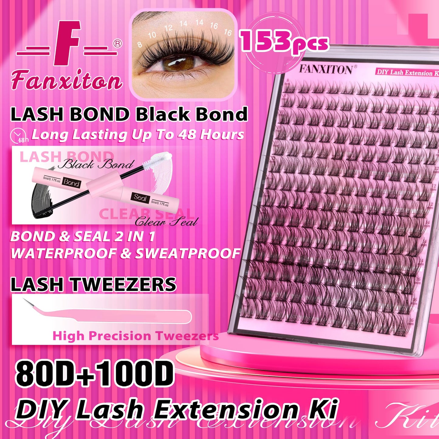 DIY Lash Extension Kit Natural Look Wispy Lash Clusters D Curl 154 pcs Lashes Clusters 8-16 mm Eyelash Extension Kit Lash Bond and Seal Lash Tweezers Individual Lashes Lash Cluster Kit For Beginners