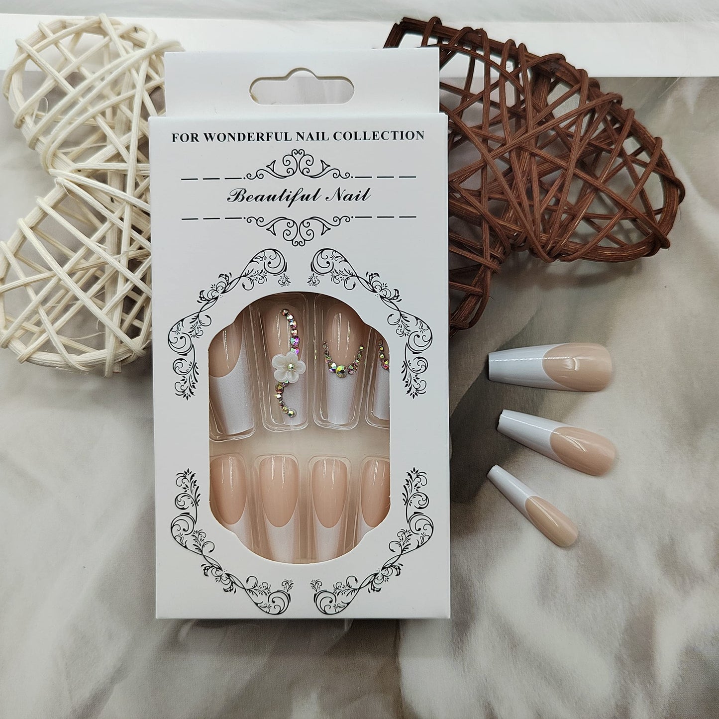 White French Tip Press on Nails Long Coffin Fake Nails with Cute Flowers Design Nude Full Cover Stick on Nails Luxury Rhinestones Glossy False Nails with Glue for Women Acrylic Nails