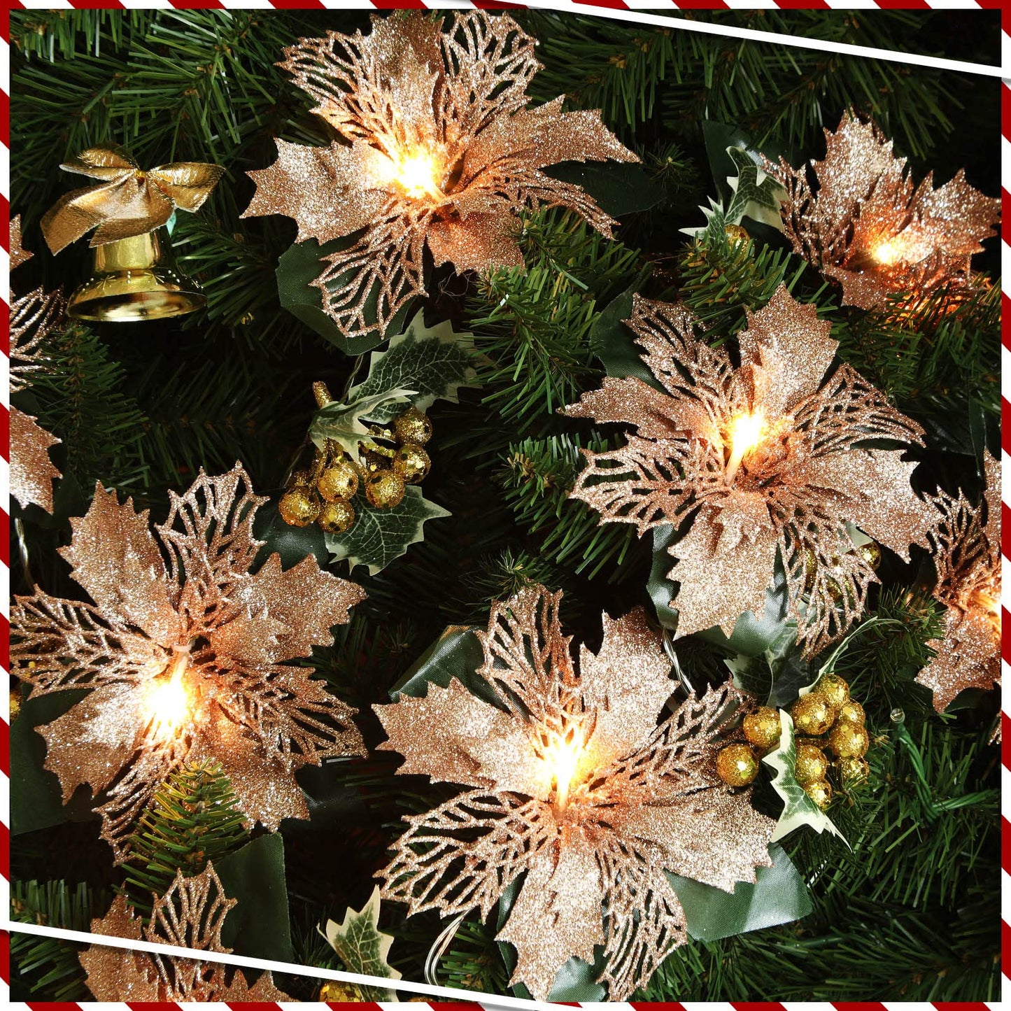 2 Pcs Christmas Glitter Artificial Poinsettia Garland 6.5 ft 10 LEDs Faux Flower Xmas String Lights Poinsettia Garland with Lights Gold Berries Holly Leaves for Indoor Outdoor Decor