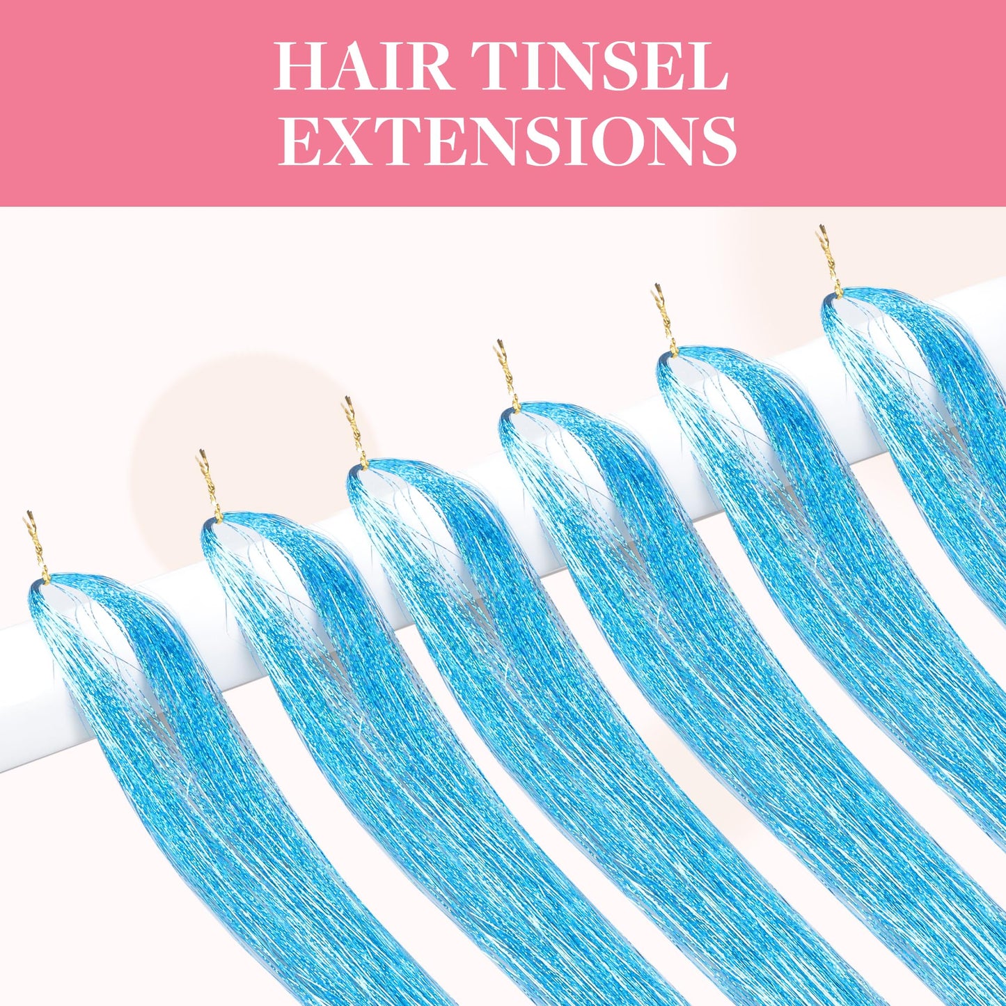 GOO GOO Hair Tinsel Extension, 1200 Strands of 48 Inch, 6 pcs Heat Resistant Glitter Highlights for Hair, Sparkling Glitter Strands for Women & Girls, Ideal for Christmas & Cosplay Parties (Sky Blue)