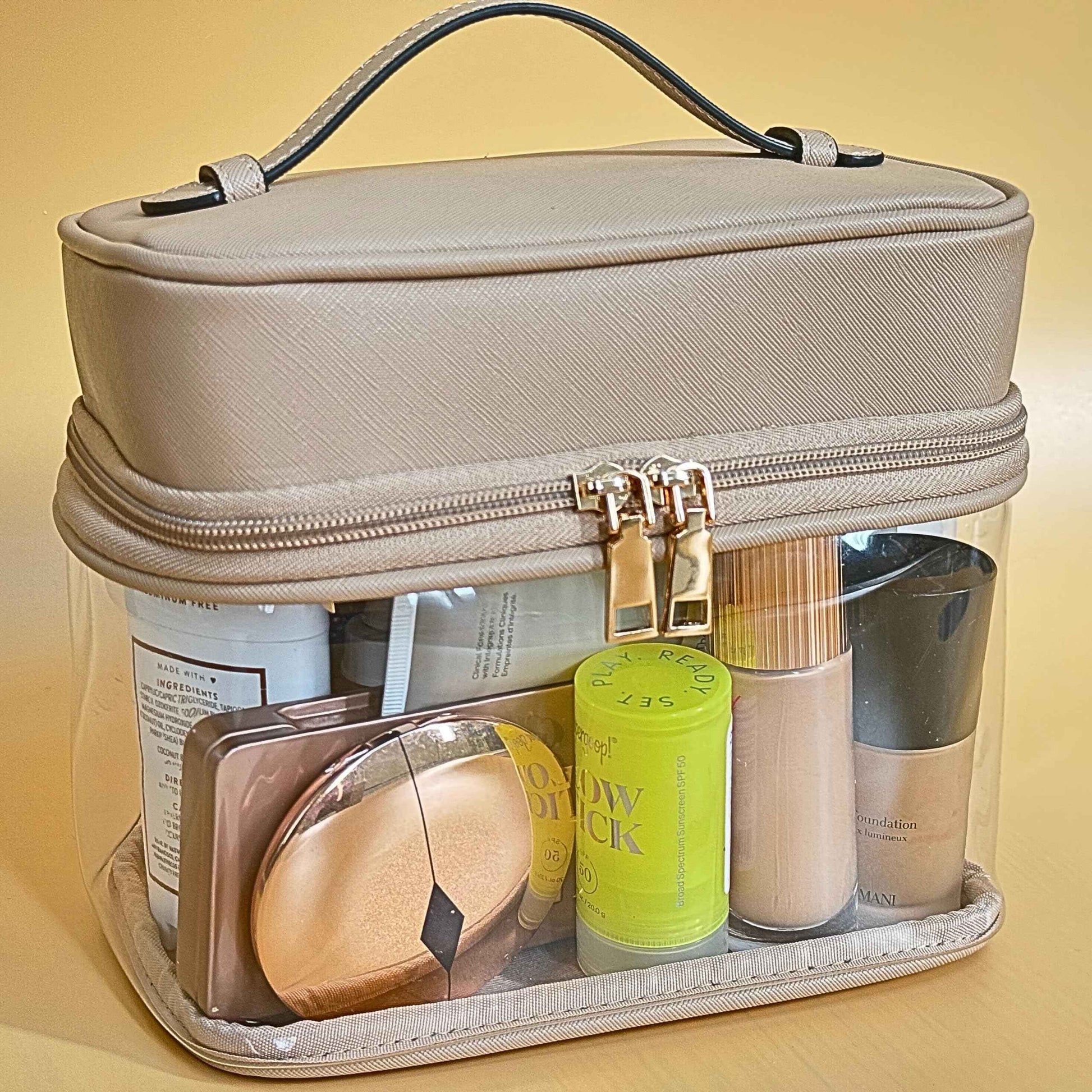 JAZD Clear Makeup Bag Toiletry Bag for Women Cosmetic Large Capacity Travel Make Up Bag Organizer Transparent Train Case TSA Approved (BEIGE)