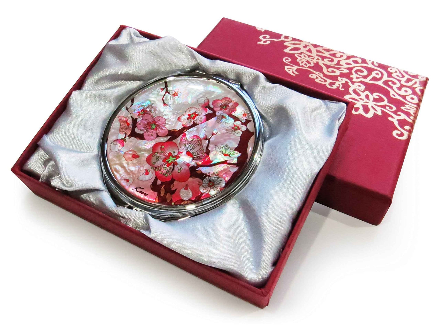 MADDesign Mother of Pearl Pink Makeup Mirror Compact Folding Magnify Apricot Tree Flowers Design