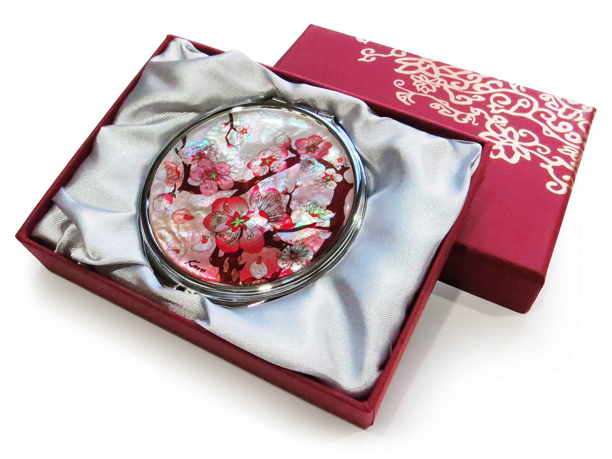 MADDesign Mother of Pearl Pink Makeup Mirror Compact Folding Magnify Apricot Tree Flowers Design