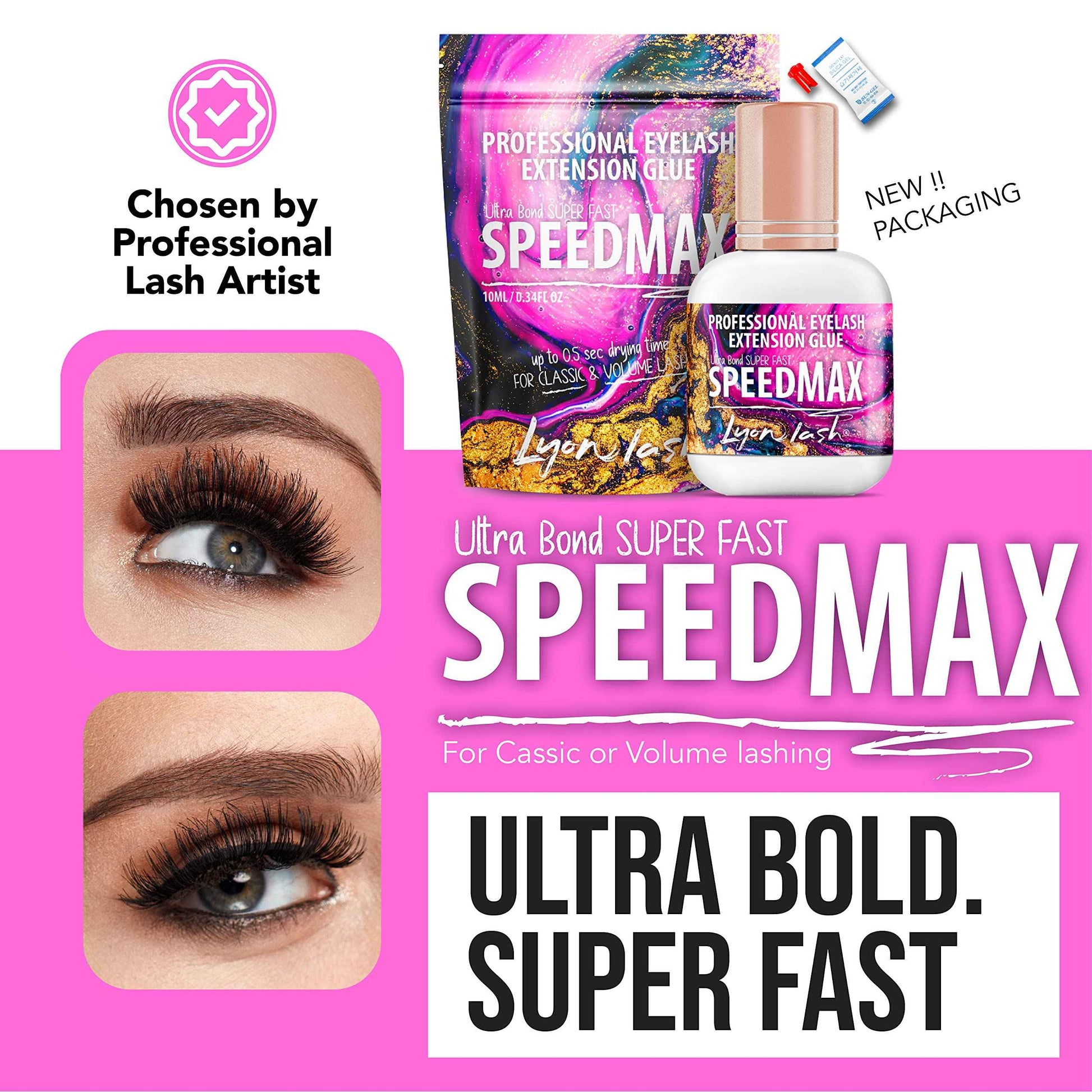 Lyon Lash SPEEDMAX Eyelash Extension Glue | 0.3-1.3 Sec Dry Time | Up to 8 Weeks Retention | Black Adhesive Supplies for Professional Use | (10ml/0.34 fl. Oz)