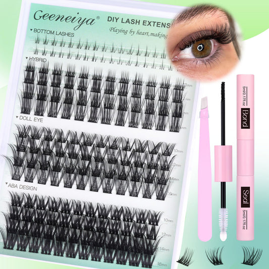 Geeneiya Natural Lash Clusters Kit C Curl DIY Lash Extension Kit 10-16mm Cluster Eyelash Extensions Kit with Waterproof Lash Bond and Seal, Tweezers, Bottom Clusters (0.05D,180Pcs, 4 Styles Mix)