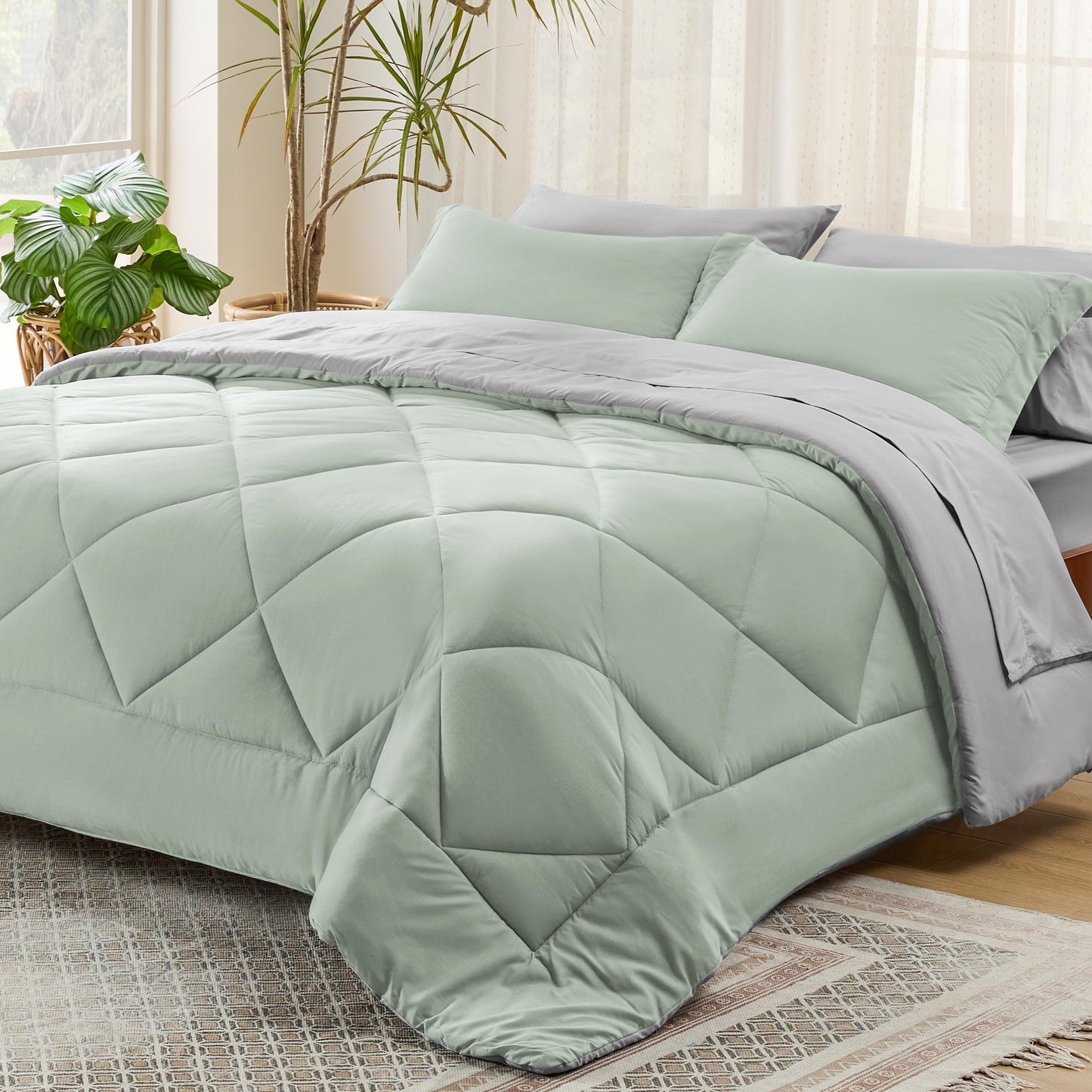 Bedsure Sage Green Twin Comforter Sets - 5 Pieces Reversible Twin Bedding Sets for College, Sage Green Extra Long Bed Set Twin with Comforters, Sheets, Pillowcase & Sham