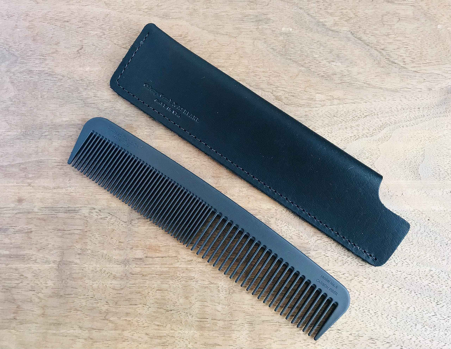 Chicago Comb Model 6 Carbon Fiber Comb + Dublin Black Horween leather sheath, Made in USA, ultimate styling comb, for men & women, smooth strong & light, anti-static, American-made leather case