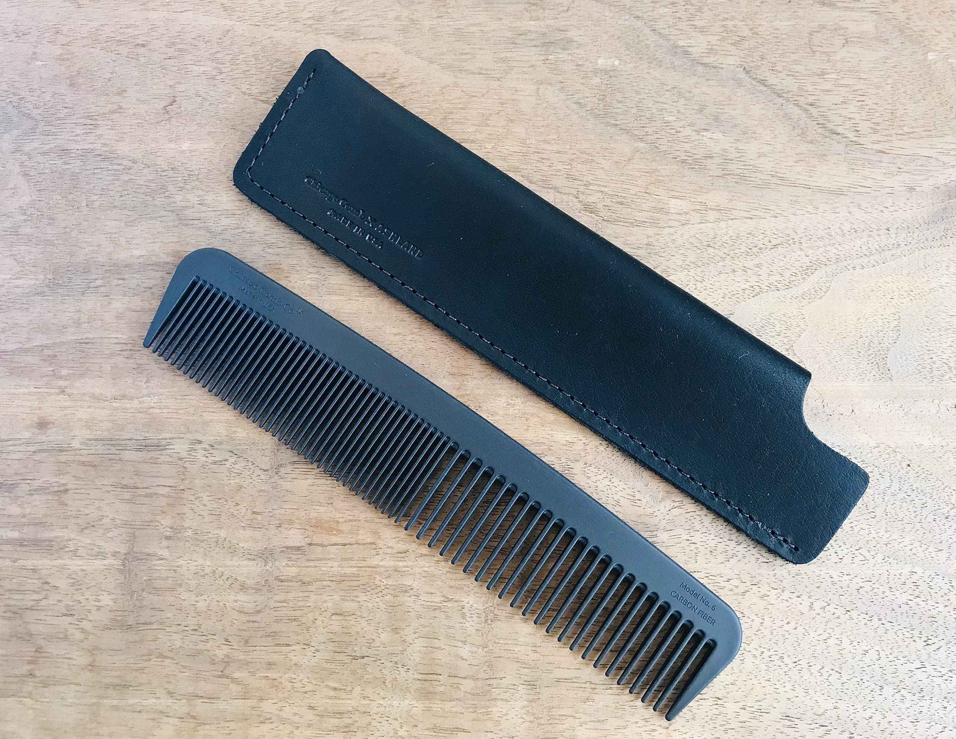Chicago Comb Model 6 Carbon Fiber Comb + Dublin Black Horween leather sheath, Made in USA, ultimate styling comb, for men & women, smooth strong & light, anti-static, American-made leather case