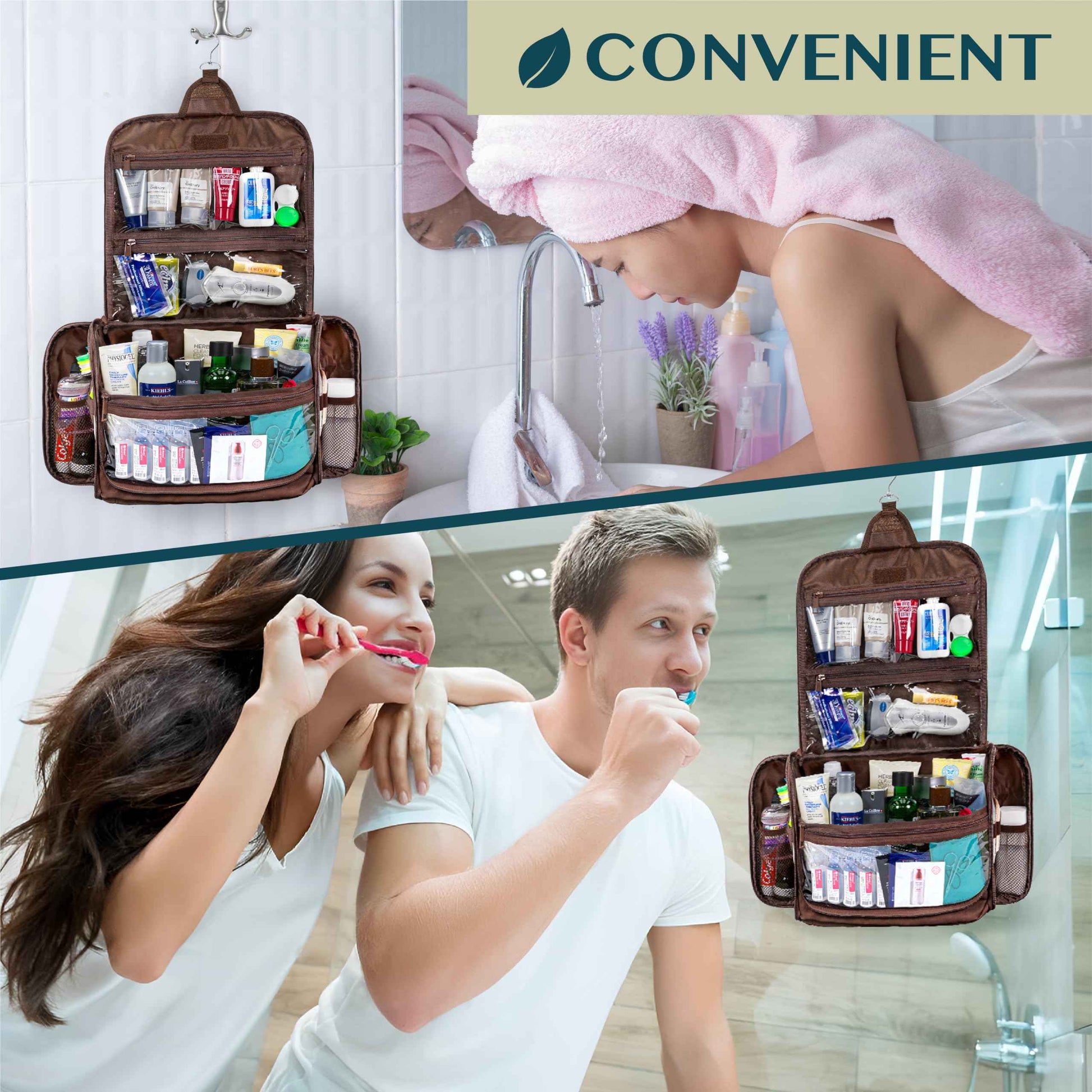 PAVILIA Large Hanging Toiletry Bag Travel Bag Women Men, PU Leather Cosmetic Organizer, Water Resistant Makeup Bag Accessories Toiletries, Travel Essentials Kit, Brown