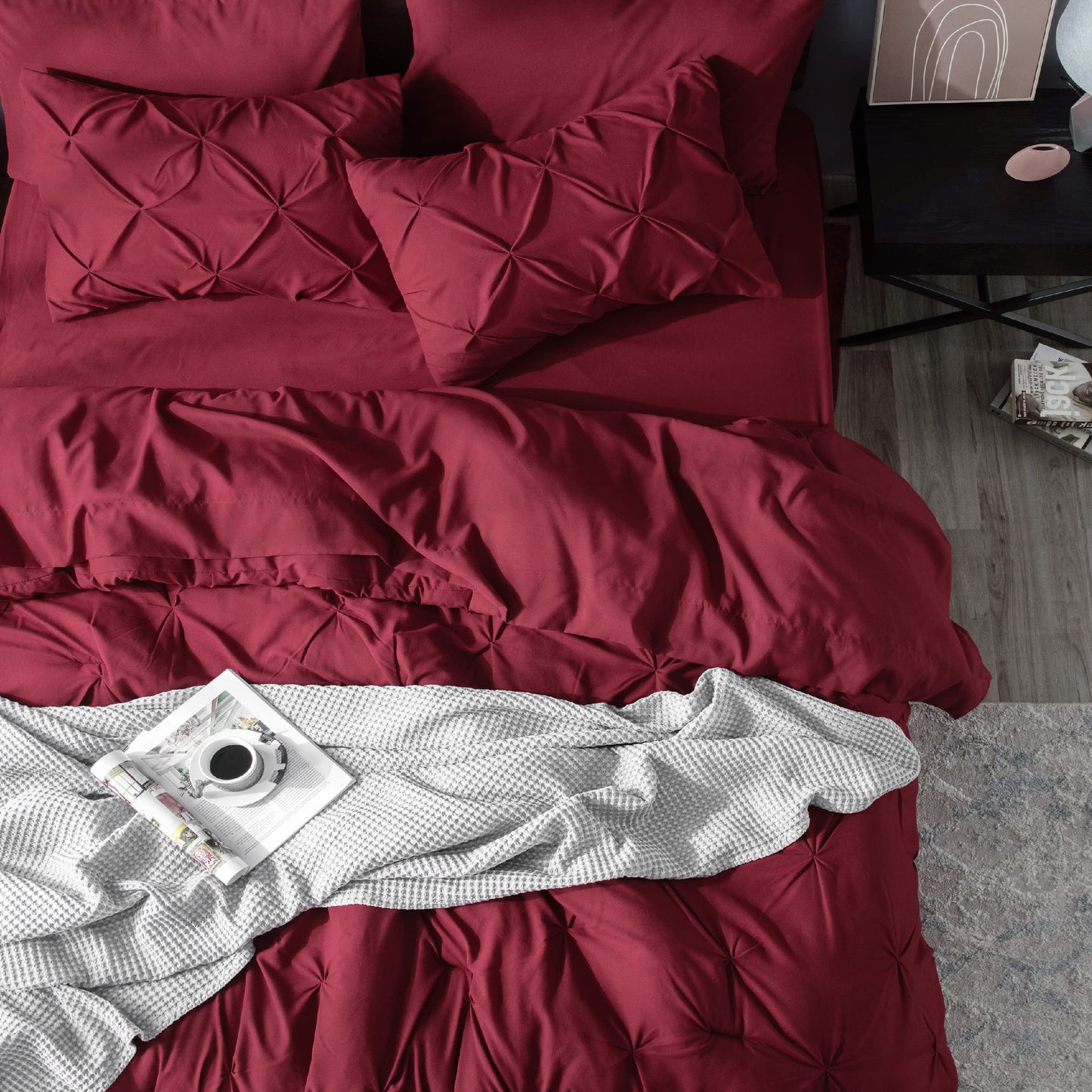 Bedsure Twin Comforter Set with Sheets - 5 Pieces Twin Bedding Sets, Pinch Pleat Burgundy Twin Bed in a Bag with Comforter, Sheets, Pillowcase & Sham