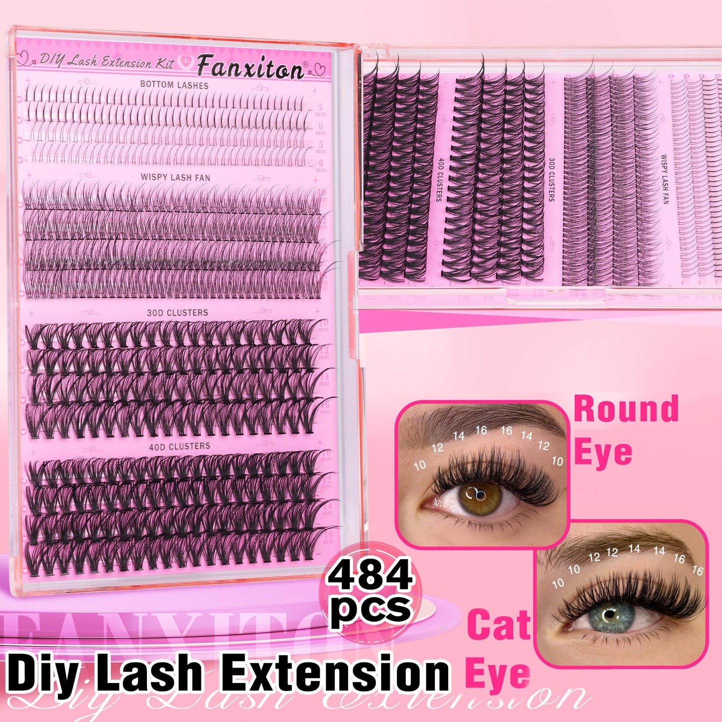 Lash Clusters Wispy 30D+40D D Curl Natural Cluster Lashes 484 Pcs Lash Cluster and Bottom Lashes 9-16 mm Mix Individual Lashes for Beginners