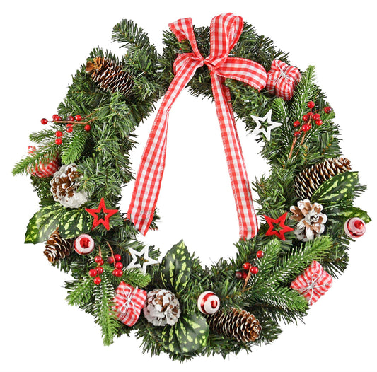 HOME-X Front Door Christmas Wreath with Gingham Bow and Stars for Home Wall, Window, Staircase, Door Décor, Outdoor Winter Home Decorations-20”