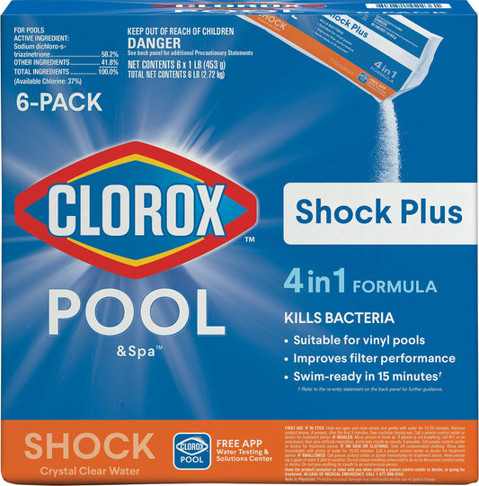 Clorox® Pool&Spa™ Shock Plus, for Crystal Clear Swimming Pool Water, Swim-ready in 15 minutes, Suitable for vinyl pools (6-Pack)