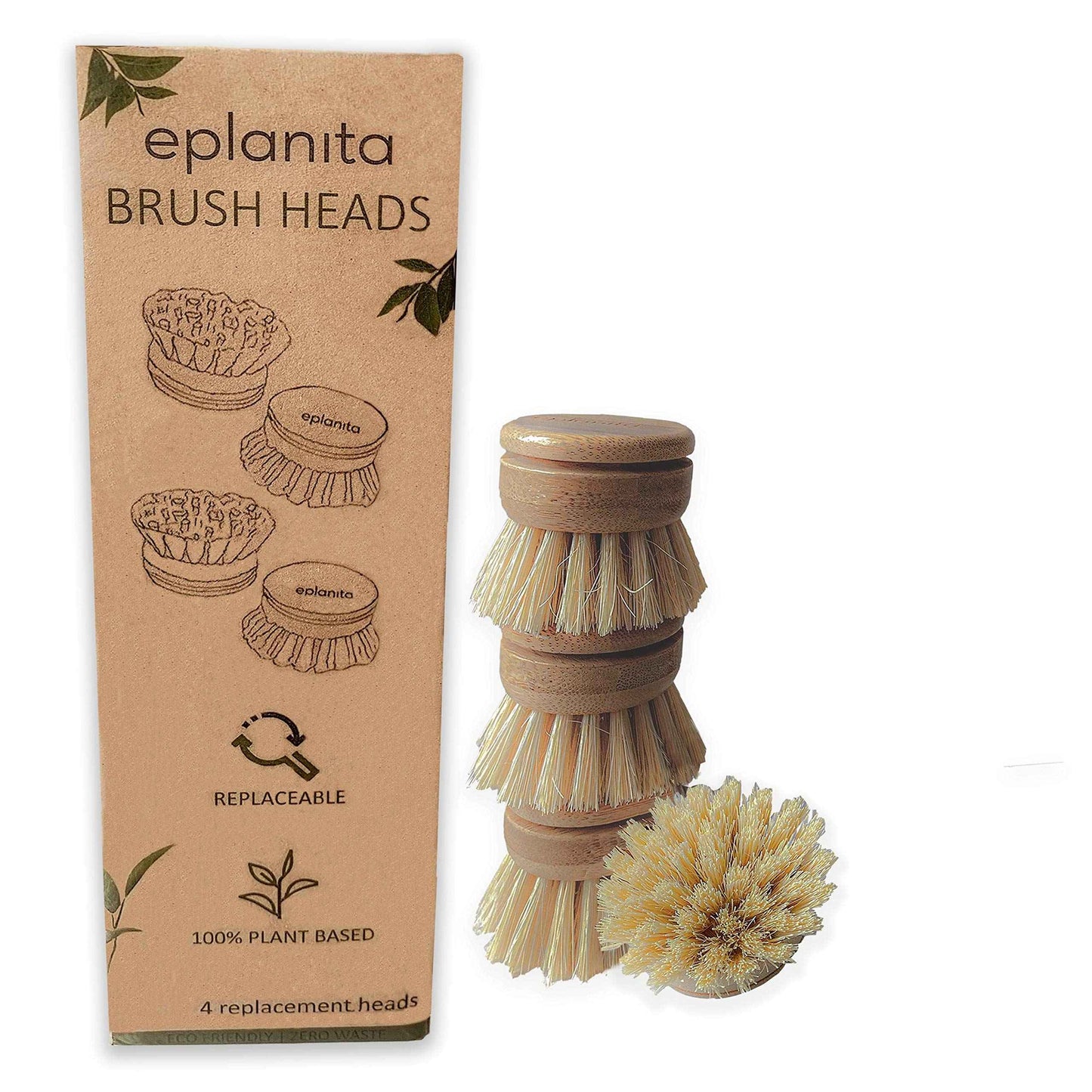 eplanita Replacement Brush Heads (Pack of 4) for Bamboo Dish Brush, Sisal Bristle Refills, Agave Cactus Fibres, Kitchen Eco Scrubber, Plastic Free Washing Up, Zero Waste Cleaning