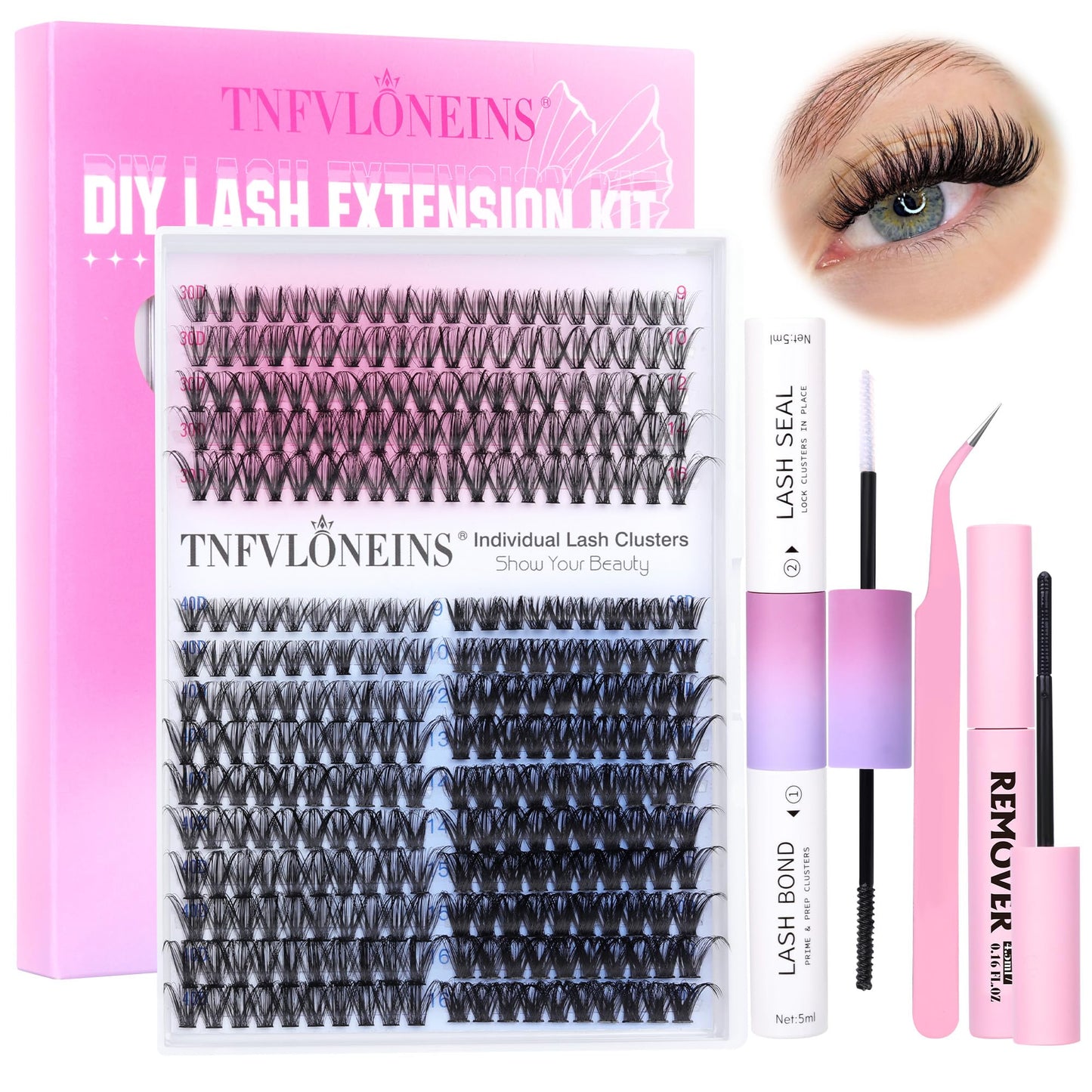 DIY Lash Extension Kit 300pcs Lash Clusters D Curl Eyelash Extension Kit 9-16MM Individual Lashes Kit Bond and Seal,Lash Remover and Eyelash Application Cluster Lashes Kit by TNFVLONEINS (30D+40D+50D)