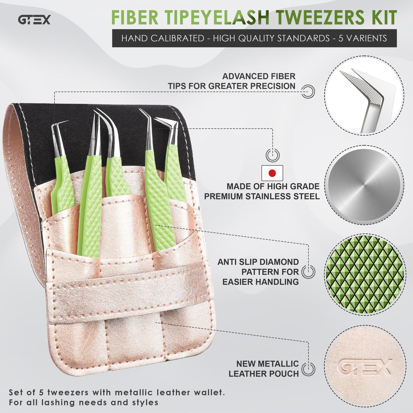 GTEX Fiber Tip Lash Tweezers For Eyelash Extension Tweezers Set of 5, Professional Eyelash Tweezers For Lash Extensions - 90 45 Degree Curved Volume Lash Tweezer Green