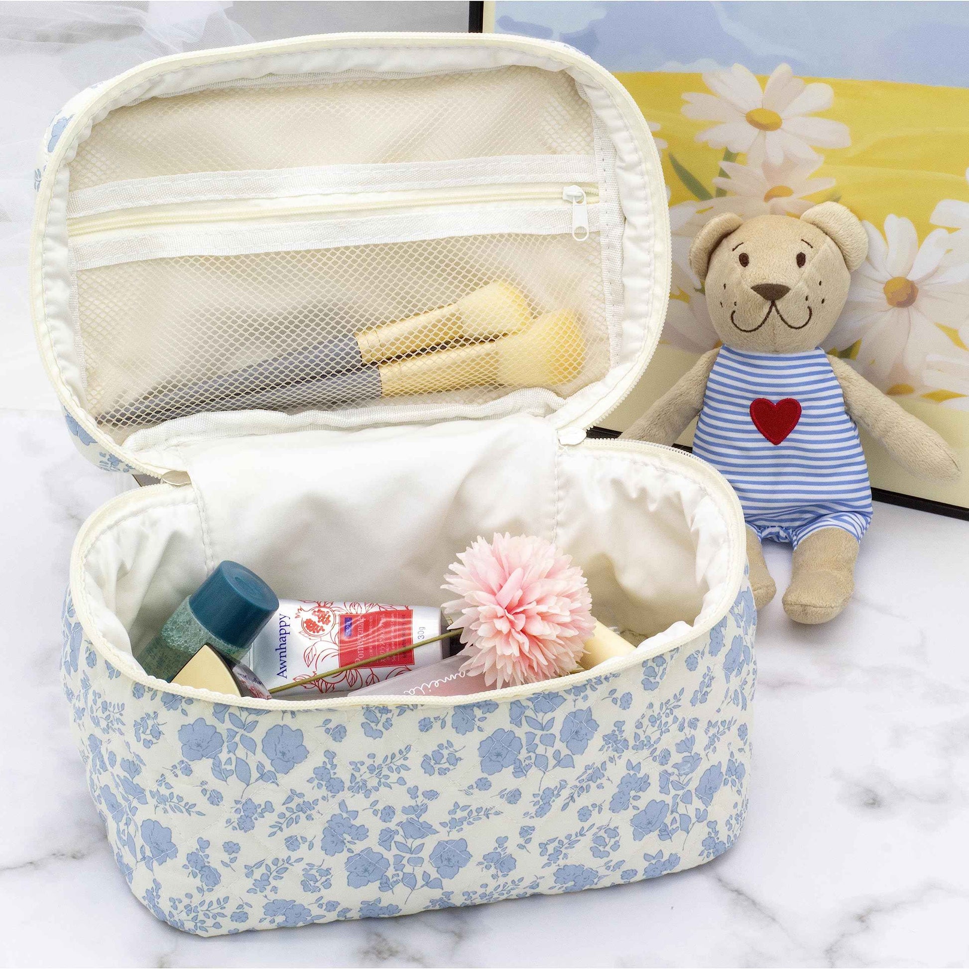 PAZIMIIK 3PCS Makeup Bag SET Large Travel Quilted Zipper Soft Cosmetic Case Pouch for Women Girls Make Up,Little Flower Blue